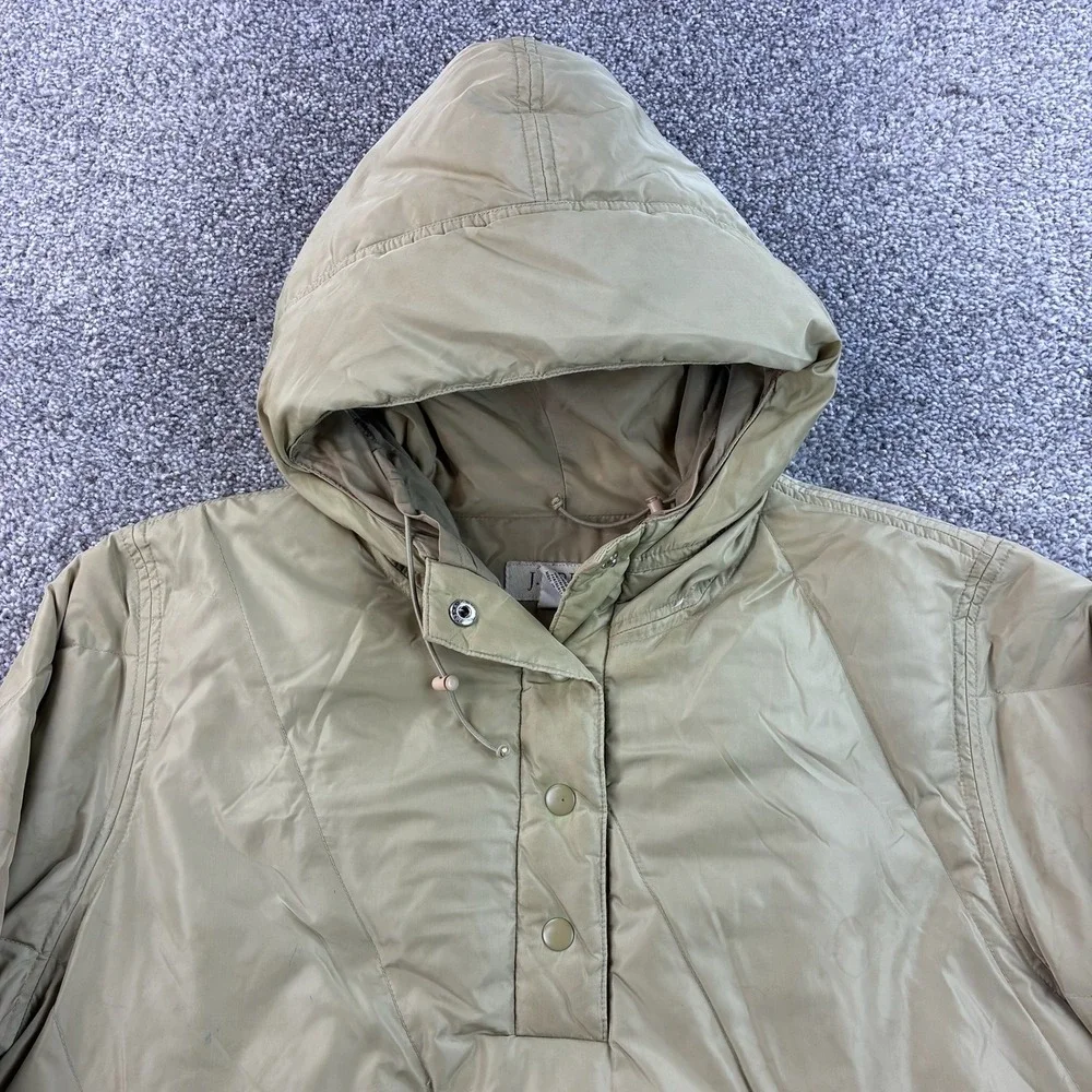 J. Crew Down Puffer Anorak Jacket Mens M Tan Nylon Hooded Pullover Coat